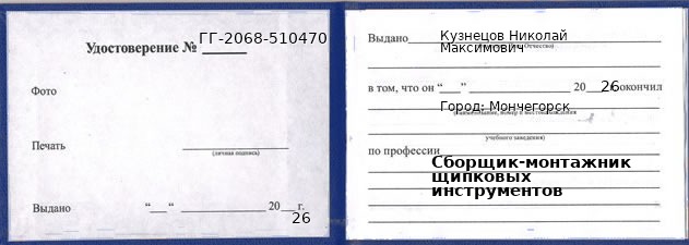 Образец удостоверения сборщика-монтажника щипковых инструментов в Мончегорске с печатью и подписью
