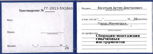 Образец удостоверения сборщика-монтажника смычковых инструментов в Мончегорске с печатью и подписью