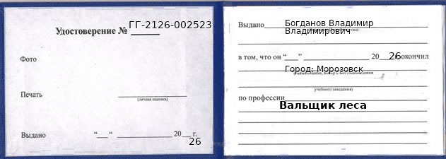 Удостоверение вальщика леса – образец, Морозовск