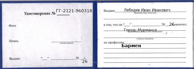 Образец удостоверения бармена в Мурманске с печатью и подписью