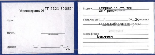 Образец удостоверения бармена в Набережных Челнах с печатью и подписью
