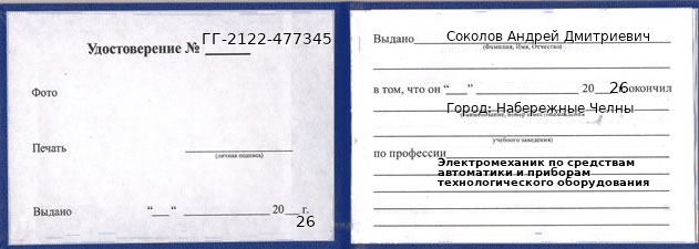 Образец удостоверения электромеханика по средствам автоматики и приборам технологического оборудования в Набережных Челнах с печатью и подписью