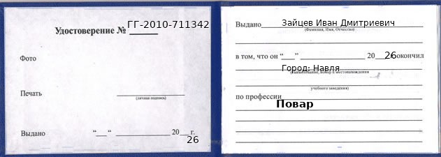 Образец удостоверения повара в Навле с печатью и подписью