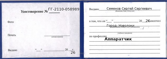 Образец удостоверения аппаратчика в Наволоки с печатью и подписью