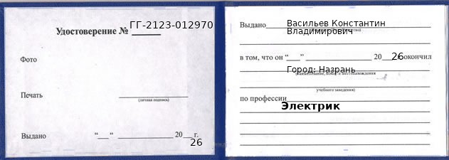 Образец удостоверения электрика в Назрани с печатью и подписью