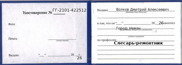 Образец удостоверения слесаря-ремонтника в Немане с печатью и подписью