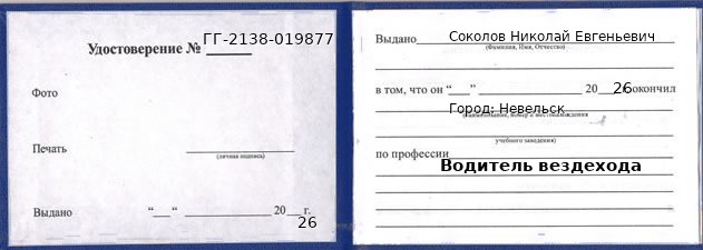 Образец удостоверения водителя вездехода в Невельске с печатью и подписью