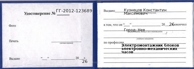 Образец удостоверения электромонтажника блоков электронно-механических часов в Нее с печатью и подписью