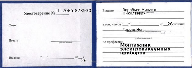 Образец удостоверения монтажника электровакуумных приборов в Нее с печатью и подписью