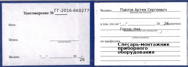 Образец удостоверения слесаря-монтажника приборного оборудования в Нее с печатью и подписью