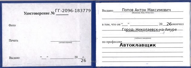 Образец удостоверения автоклавщика в Николаевске-на-Амуре с печатью и подписью