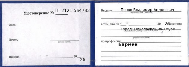 Образец удостоверения бармена в Николаевске-на-Амуре с печатью и подписью