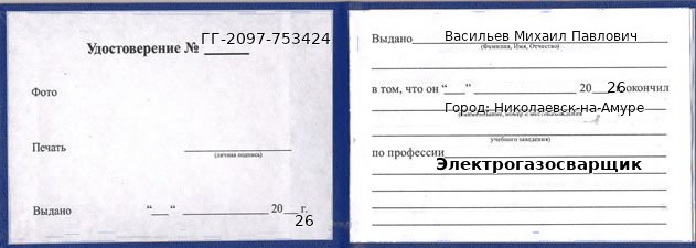 Образец удостоверения электрогазосварщика в Николаевске-на-Амуре с печатью и подписью
