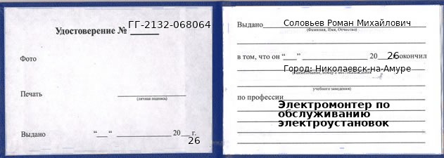 Образец удостоверения электромонтера по обслуживанию электроустановок в Николаевске-на-Амуре с печатью и подписью