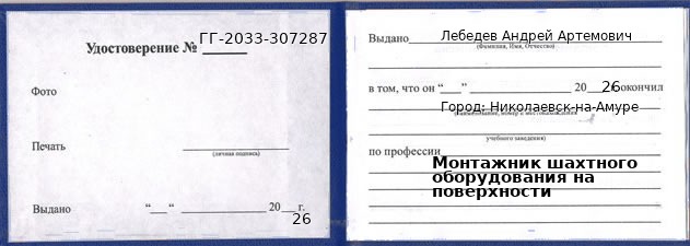 Образец удостоверения монтажника шахтного оборудования на поверхности в Николаевске-на-Амуре с печатью и подписью