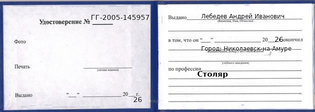 Образец удостоверения столяра в Николаевске-на-Амуре с печатью и подписью