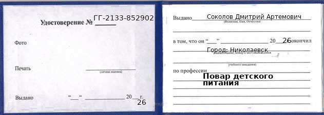 Образец удостоверения повара детского питания в Николаевске с печатью и подписью
