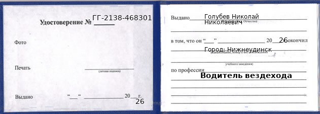 Образец удостоверения водителя вездехода в Нижнеудинске с печатью и подписью