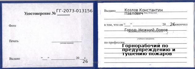 Образец удостоверения горнорабочего по предупреждению и тушению пожаров в Нижнем Ломове с печатью и подписью