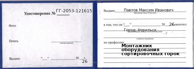Образец удостоверения монтажника оборудования сортировочных горок в Норильске с печатью и подписью