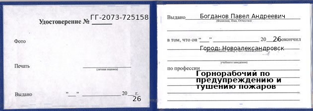 Образец удостоверения горнорабочего по предупреждению и тушению пожаров в Новоалександровске с печатью и подписью