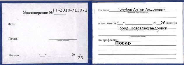 Образец удостоверения повара в Новоалександровске с печатью и подписью