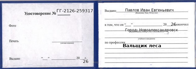 Образец удостоверения вальщика леса в Новоалександровске с печатью и подписью