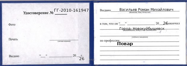 Образец удостоверения повара в Новокуйбышевске с печатью и подписью