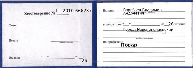 Образец удостоверения повара в Новониколаевском с печатью и подписью