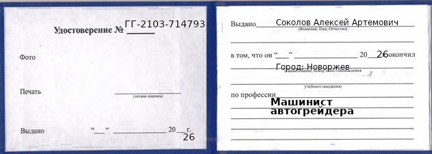 Образец удостоверения машиниста автогрейдера в Новоржеве с печатью и подписью