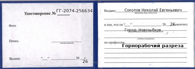 Образец удостоверения горнорабочего разреза в Новозыбкове с печатью и подписью