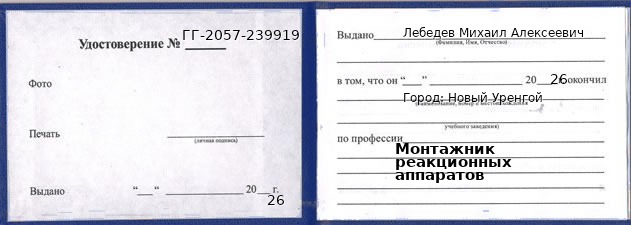 Образец удостоверения монтажника реакционных аппаратов в Новом Уренгое с печатью и подписью