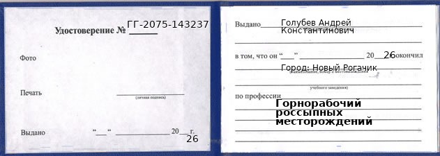 Образец удостоверения горнорабочего россыпных месторождений в Новом Рогачике с печатью и подписью
