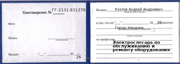 Образец удостоверения электрослесаря по обслуживанию и ремонту оборудования в Няндоме с печатью и подписью