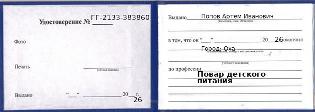 Образец удостоверения повара детского питания в Охе с печатью и подписью
