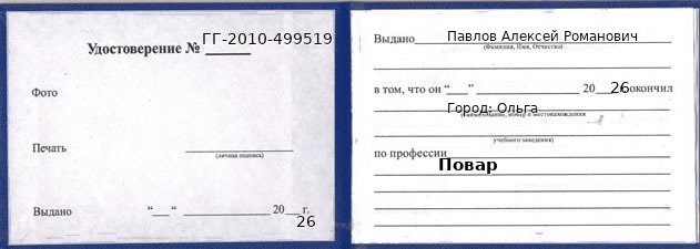 Образец удостоверения повара в Ольге с печатью и подписью