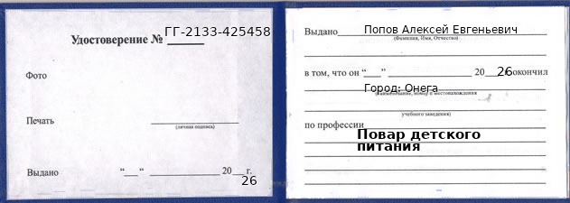 Образец удостоверения повара детского питания в Онеге с печатью и подписью