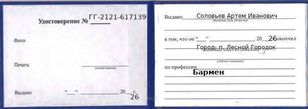 Образец удостоверения бармена в п. Лесном Городке с печатью и подписью