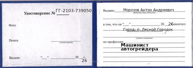 Образец удостоверения машиниста автогрейдера в п. Лесном Городке с печатью и подписью