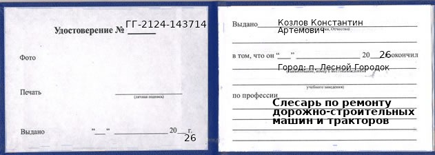 Образец удостоверения слесаря по ремонту дорожно-строительных машин и тракторов в п. Лесном Городке с печатью и подписью