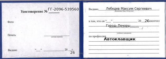 Образец удостоверения автоклавщика в Печорах с печатью и подписью