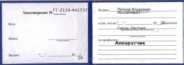 Образец удостоверения аппаратчика в Пестове с печатью и подписью