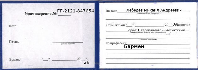Образец удостоверения бармена в Петропавловске-Камчатском с печатью и подписью