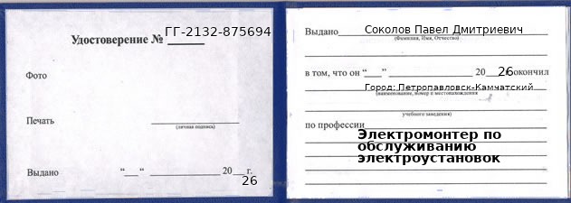 Образец удостоверения электромонтера по обслуживанию электроустановок в Петропавловске-Камчатском с печатью и подписью