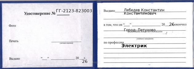 Образец удостоверения электрика в Петухове с печатью и подписью