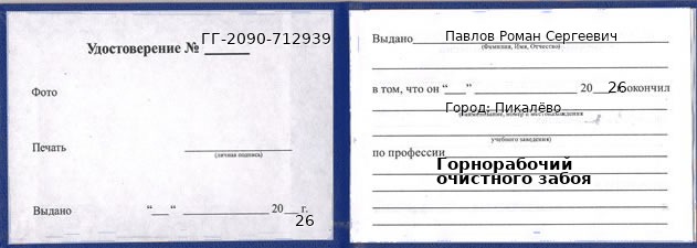 Образец удостоверения горнорабочего очистного забоя в Пикалёве с печатью и подписью