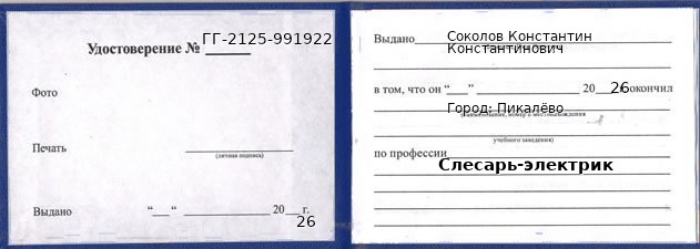 Образец удостоверения слесаря-электрика в Пикалёве с печатью и подписью