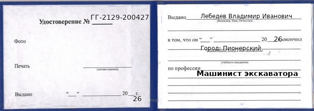 Образец удостоверения машиниста экскаватора в Пионерском с печатью и подписью