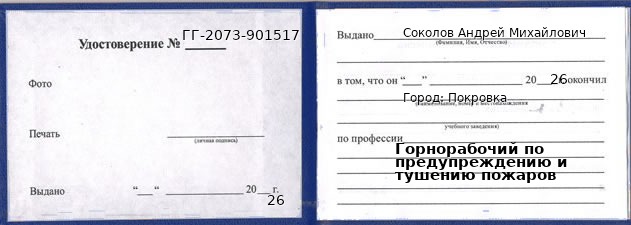 Образец удостоверения горнорабочего по предупреждению и тушению пожаров в Покровке с печатью и подписью