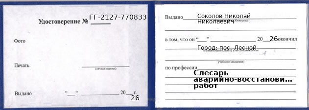 Образец удостоверения слесаря аварийно-восстановительных работ в пос. Лесном с печатью и подписью